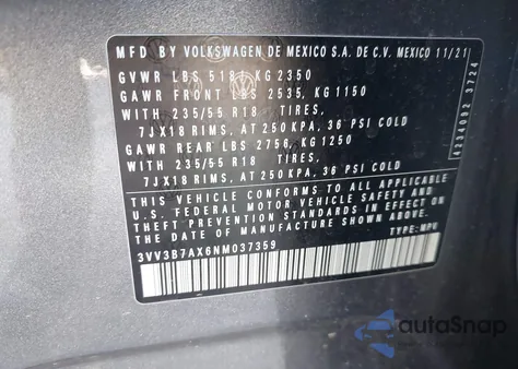 2022 Volkswagen Tiguan 2.0T Se из США, поврежденный, VIN 3VV3B7AX6NM037359